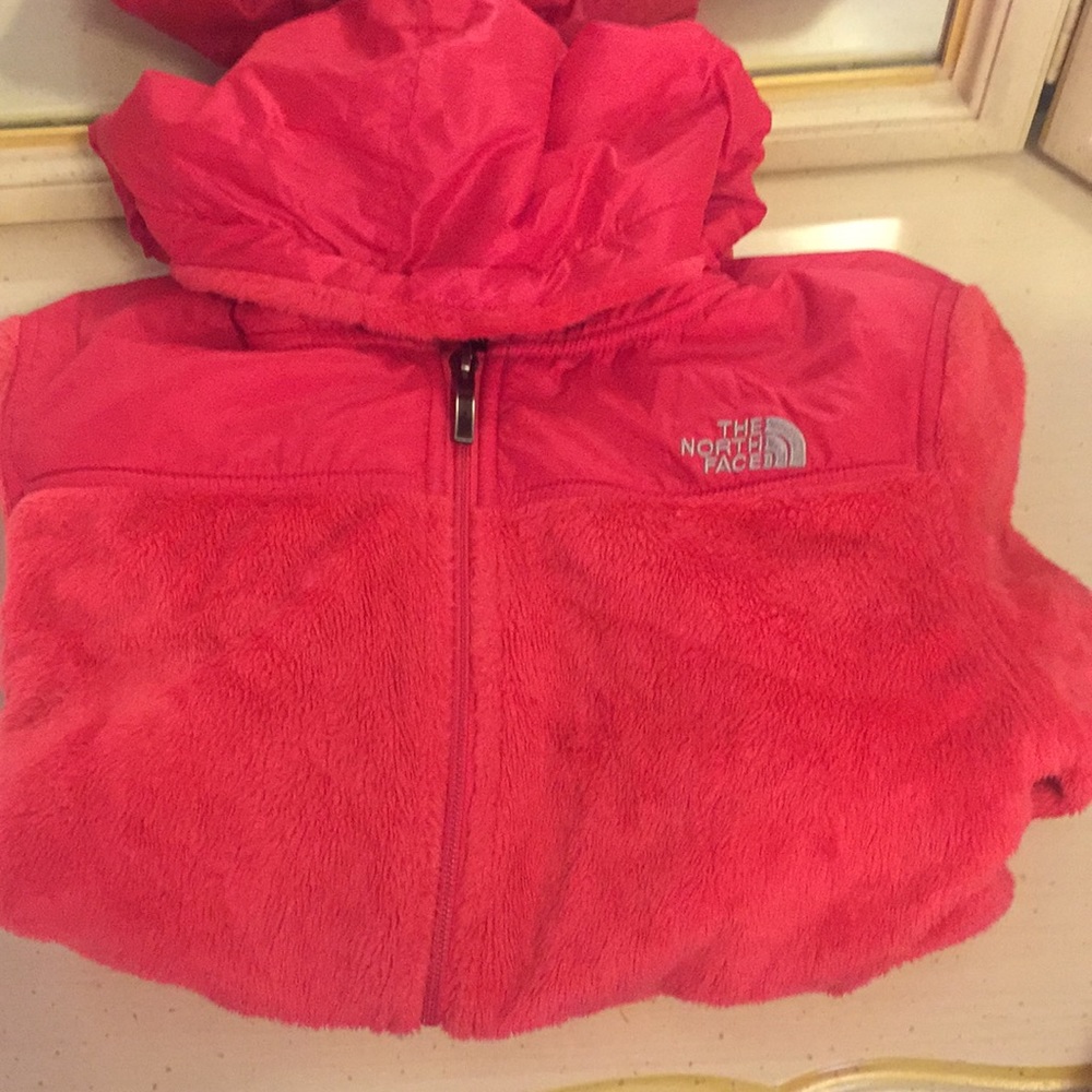 Hot pink fuzzy Northface hooded jacket